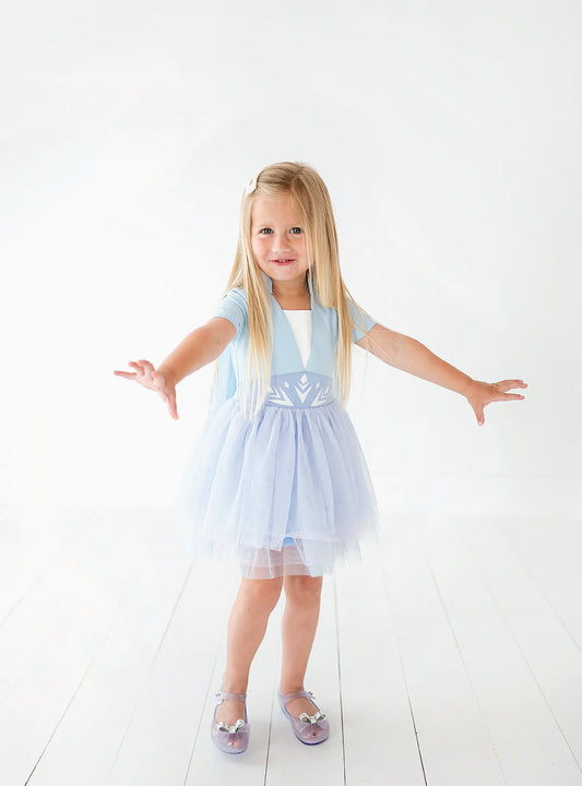 Blue Frozen inspired dress with tulle skirt and soft top.  Comes with a detachable cape.